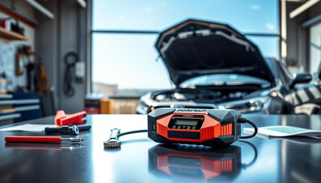A detailed image of an automotive jump starter, branded "podertech," prominently displayed in the foreground on a sleek, modern garage workbench. The jump starter should be compact, with a vibrant red and black design, showcasing its connectors and digital display. In the middle ground, have an open car hood to suggest its practical application, with a clear blue sky visible in the background. Include tools like wrenches and a mechanic's manual nearby, enhancing the context. The lighting should be bright and natural, highlighting the metallic surfaces and creating a sense of cleanliness and professionalism in the garage setting. Aim for a mood of efficiency and reliability, capturing the essence of a quick and effective automotive solution.