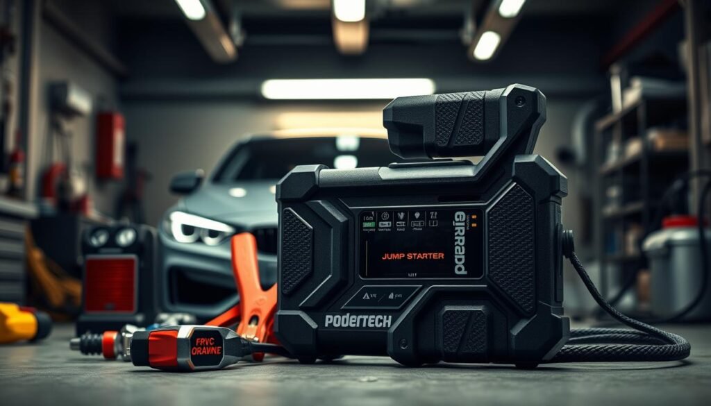 A high-quality image of a "podertech" automotive jump starter, positioned prominently in the foreground, showcasing its sleek design and features such as LED indicators and textured grip. In the middle ground, the jump starter is surrounded by modern automotive tools and equipment, highlighting its practical application. The background features a dimly lit garage, with a car partially visible, creating an atmosphere of urgency and efficiency. Soft overhead lighting casts gentle shadows, emphasizing the jump starter’s contours and texture. The mood conveys a sense of reliability and readiness, perfect for quick automotive assistance. Focus on a realistic representation suitable for an informative article illustration.