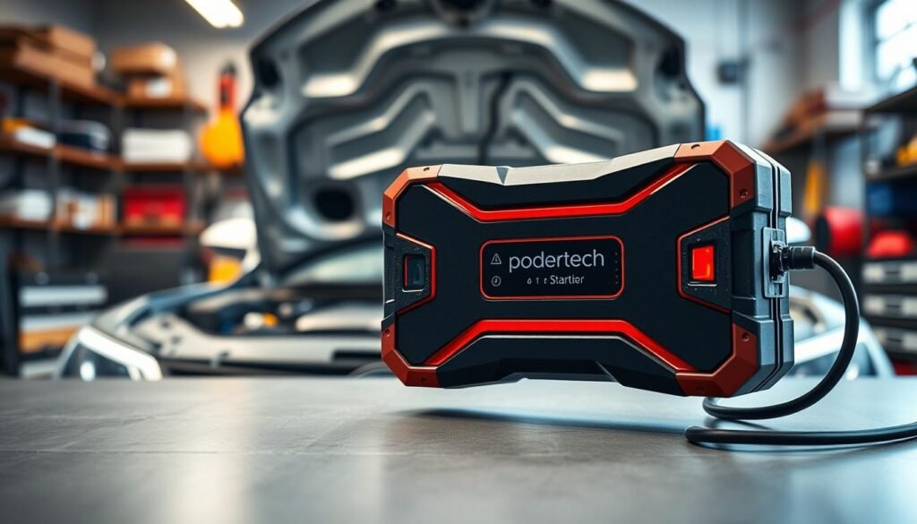 A high-quality image of a "podertech" automotive jump starter, prominently displayed in the foreground. The device should be sleek and modern, with a vibrant red and black design, showcasing its connectors and LED indicators. In the middle ground, an open car hood reveals a lightly worn engine, emphasizing the practical use of the jump starter. The background features a well-lit garage with tools neatly arranged on shelves, conveying a professional atmosphere. Soft, natural lighting illuminates the scene, highlighting the jump starter's details while maintaining a clean, organized look. The overall mood should be efficient and solution-oriented, capturing the reliability and innovation of automotive support tools available in the Brazilian market.