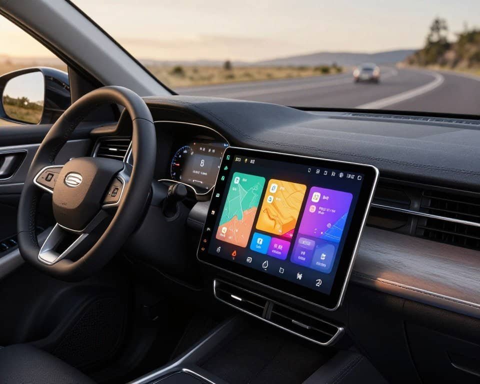A modern 2DIN multimedia Android car stereo prominently displayed in a stylish vehicle interior. The foreground features the sleek touchscreen interface showcasing vibrant apps, maps, and media controls, reflecting a high-tech ambiance. In the middle ground, a well-arranged dashboard displays elegant dials and a modern steering wheel, emphasizing sophistication. The background depicts an open road with hints of nature through the car windows, capturing a sense of adventure. Soft, warm lighting filters in, illuminating the interior while creating a welcoming atmosphere. The angle is slightly tilted from above, giving a comprehensive view of the user-friendly layout. The overall mood is one of innovation and convenience, highlighting the benefits of Android multimedia systems in vehicles. A modern 2DIN multimedia Android car stereo prominently displayed in a stylish vehicle interior. The foreground features the sleek touchscreen interface showcasing vibrant apps, maps, and media controls, reflecting a high-tech ambiance. In the middle ground, a well-arranged dashboard displays elegant dials and a modern steering wheel, emphasizing sophistication. The background depicts an open road with hints of nature through the car windows, capturing a sense of adventure. Soft, warm lighting filters in, illuminating the interior while creating a welcoming atmosphere. The angle is slightly tilted from above, giving a comprehensive view of the user-friendly layout. The overall mood is one of innovation and convenience, highlighting the benefits of Android multimedia systems in vehicles.