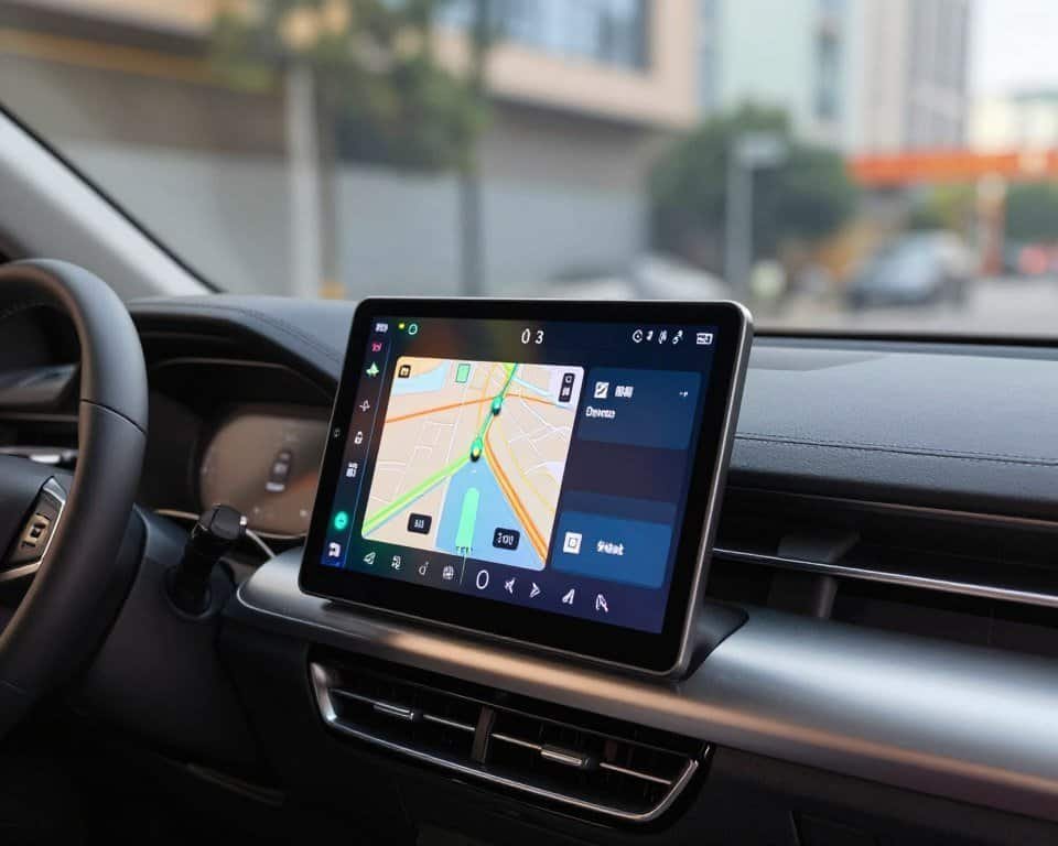 A modern Android 2DIN multimedia system displayed prominently in the foreground, showcasing a sleek touchscreen interface with vibrant graphics and live navigation. The unit is elegantly integrated into a contemporary vehicle dashboard, emphasizing its user-friendly design and innovative technology. In the middle ground, a stylish car interior is visible, featuring premium materials and a comfortable setting. The background captures a dynamic urban environment, slightly blurred to convey movement and modernity. Soft, natural lighting illuminates the scene, creating a warm and inviting atmosphere, with reflections on the touchscreen enhancing its high-tech appeal. The angle of the shot is slightly above eye level, providing a comprehensive view of both the multimedia system and the interior design elements. A modern Android 2DIN multimedia system displayed prominently in the foreground, showcasing a sleek touchscreen interface with vibrant graphics and live navigation. The unit is elegantly integrated into a contemporary vehicle dashboard, emphasizing its user-friendly design and innovative technology. In the middle ground, a stylish car interior is visible, featuring premium materials and a comfortable setting. The background captures a dynamic urban environment, slightly blurred to convey movement and modernity. Soft, natural lighting illuminates the scene, creating a warm and inviting atmosphere, with reflections on the touchscreen enhancing its high-tech appeal. The angle of the shot is slightly above eye level, providing a comprehensive view of both the multimedia system and the interior design elements.