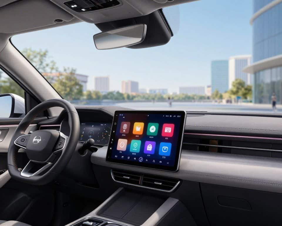 A modern car interior showcasing a sleek 2DIN Android multimedia system prominently displayed on the dashboard. In the foreground, focus on the high-resolution touchscreen, displaying vibrant graphics with various app icons. The middle ground features the sophisticated dashboard design, including ambient lighting that complements the technology. The background shows a panoramic view through the car windows, emphasizing a sunny day outside, with cityscape elements such as buildings and trees blurred softly to keep the focus on the interior. The overall mood should be futuristic and polished, with soft, natural lighting emphasizing the quality of the materials and technology. Use a wide-angle lens perspective to capture the immersive feel of the modern automotive experience. A modern car interior showcasing a sleek 2DIN Android multimedia system prominently displayed on the dashboard. In the foreground, focus on the high-resolution touchscreen, displaying vibrant graphics with various app icons. The middle ground features the sophisticated dashboard design, including ambient lighting that complements the technology. The background shows a panoramic view through the car windows, emphasizing a sunny day outside, with cityscape elements such as buildings and trees blurred softly to keep the focus on the interior. The overall mood should be futuristic and polished, with soft, natural lighting emphasizing the quality of the materials and technology. Use a wide-angle lens perspective to capture the immersive feel of the modern automotive experience.